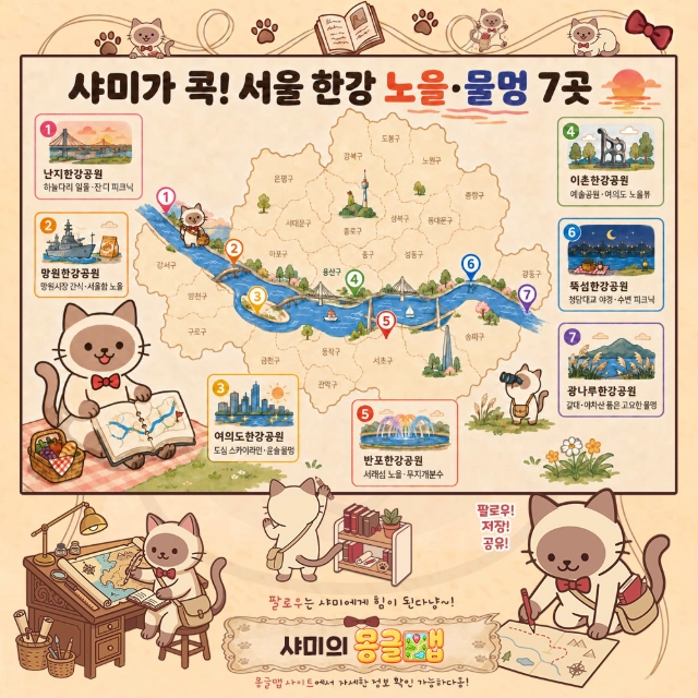 돗자리 펴면 노을 맛집! 서울 한강 피크닉·물멍 7픽 인포그래픽