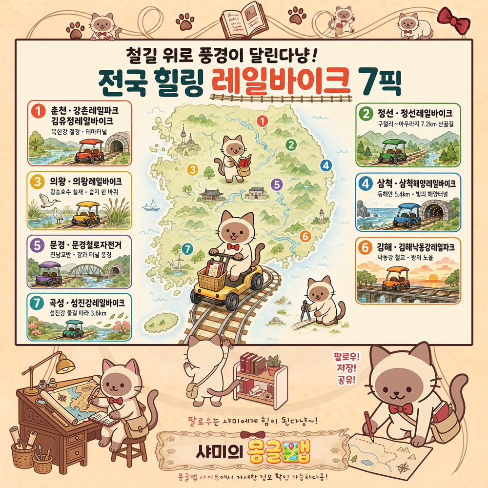 철길 위로 풍경이 달린다냥! 전국 힐링 레일바이크 7곳 테마지도