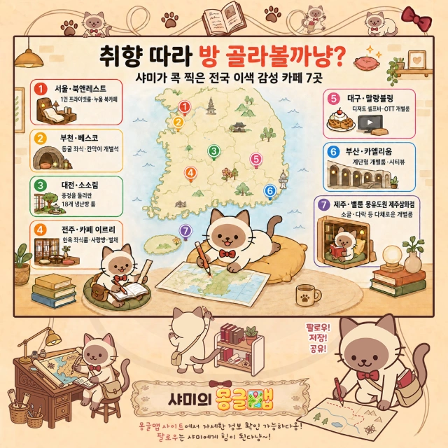취향 따라 방 골라볼까냥? 전국 이색 감성 실내 카페 7곳 인포그래픽