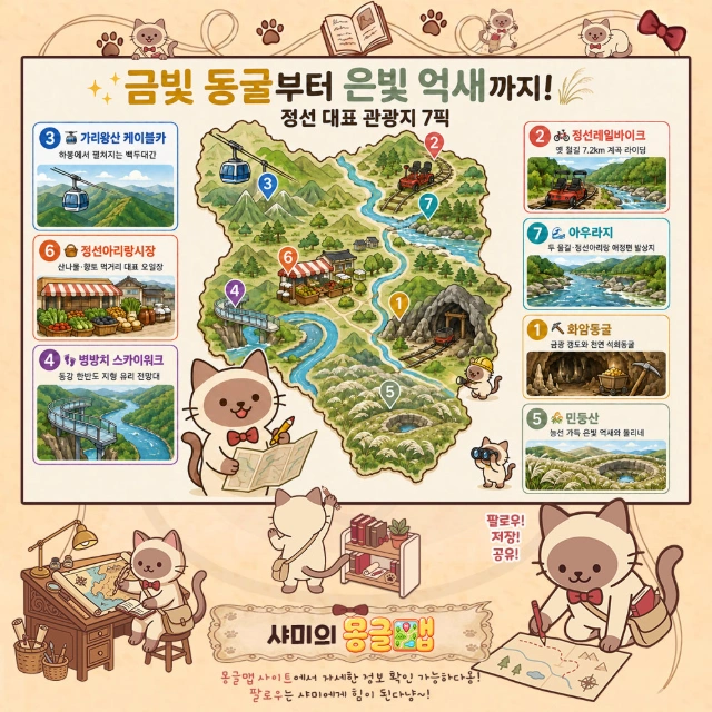 금빛 동굴부터 은빛 억새까지! 정선 대표 관광지 7픽 인포그래픽