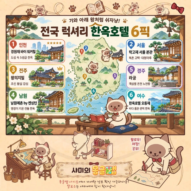 기와 아래 왕처럼 쉬자냥! 전국 럭셔리 한옥호텔 6픽 인포그래픽