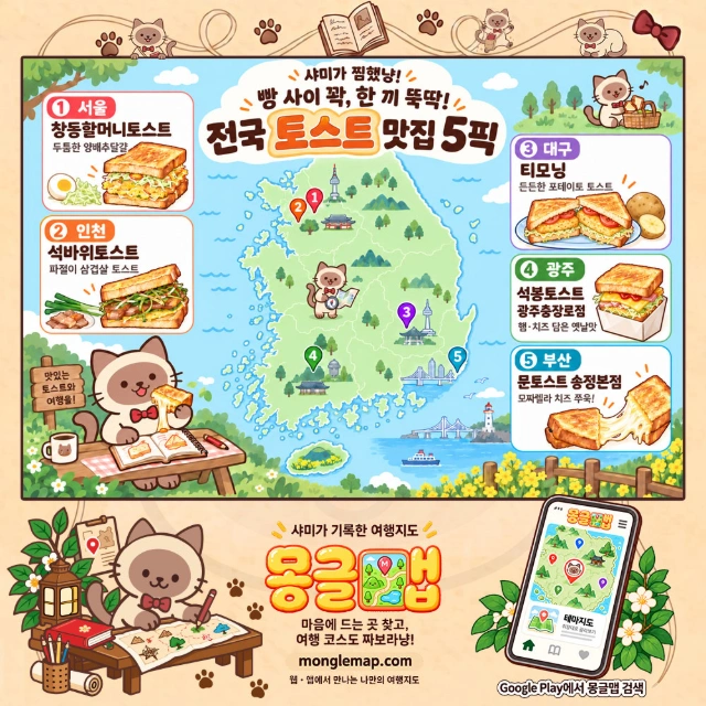 샤미가 찜했냥! 전국 토스트 맛집 5픽 인포그래픽