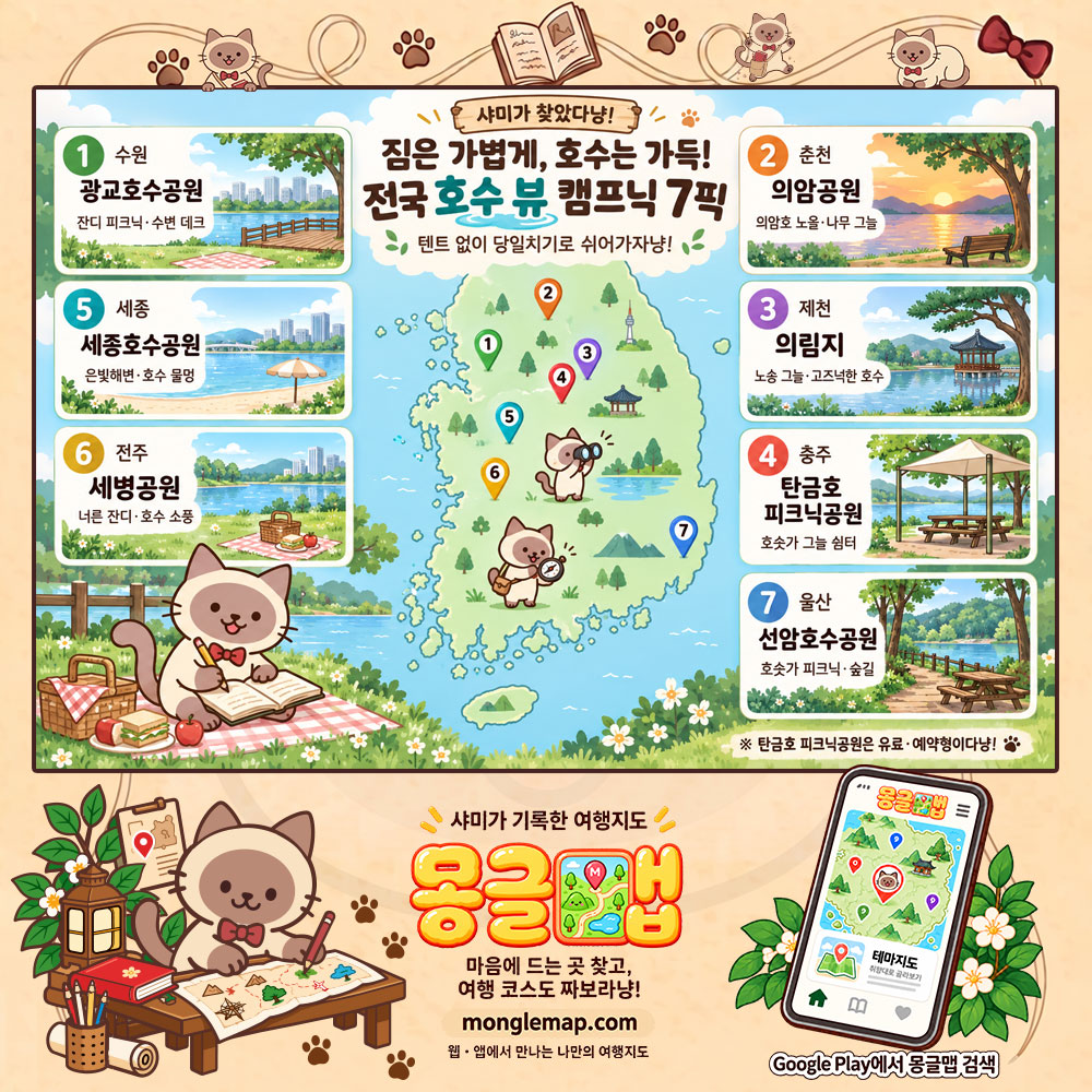 짐은 가볍게, 호수는 가득! 전국 호수 뷰 캠프닉 7픽 테마지도