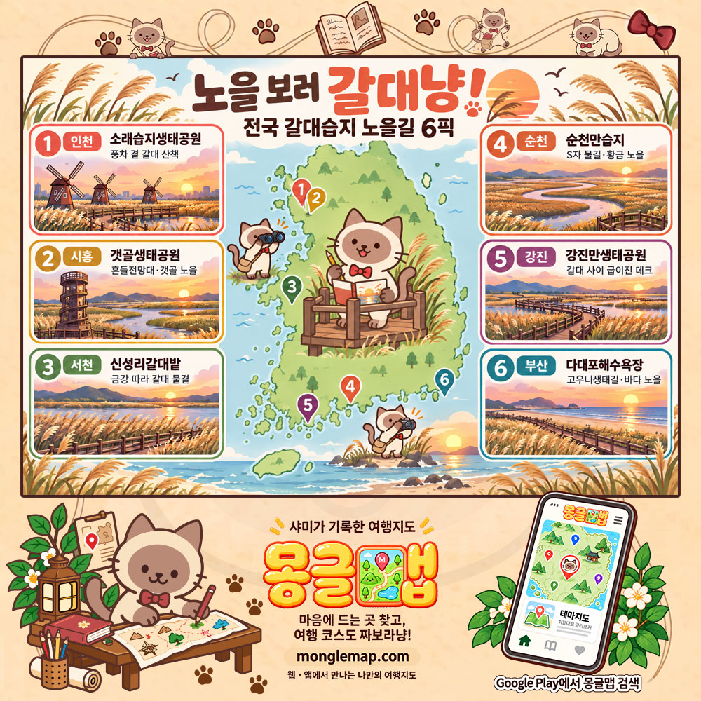 억새 말고 물가의 가을이냥! 전국 갈대습지 노을길 6픽 테마지도