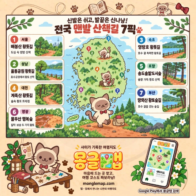신발은 잠깐 쉬고, 흙길을 느껴보냥! 전국 맨발 산책길 7픽 인포그래픽