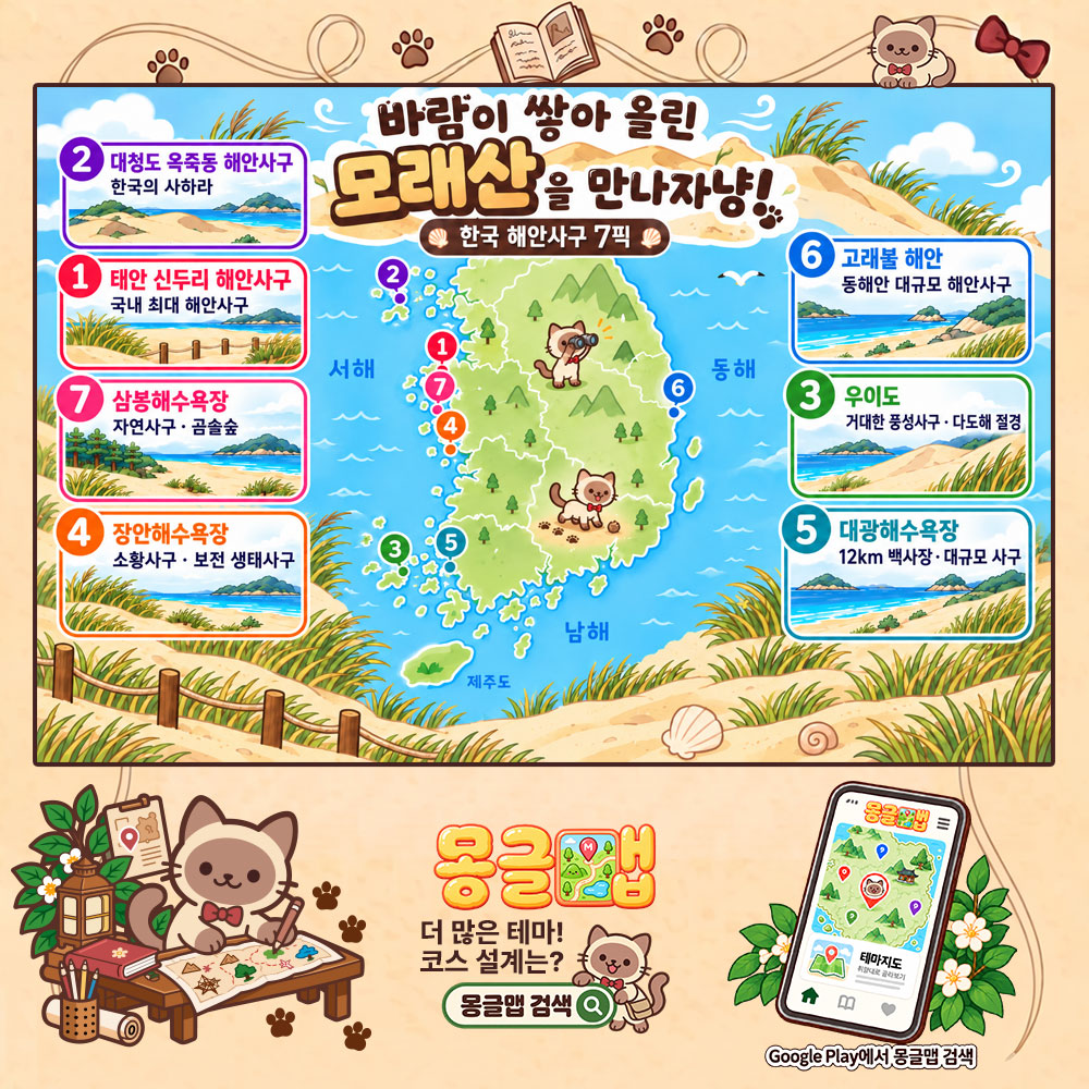 바람이 쌓아 올린 모래산을 만나자냥! 한국 해안사구 7픽 테마지도