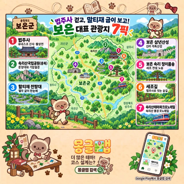 법주사 걷고, 말티재 굽이 보고! 보은 대표 관광지 7픽 인포그래픽
