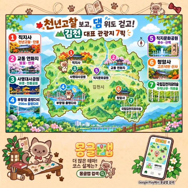 천년고찰 보고, 댐 위도 걷고! 김천 대표 관광지 7픽! 인포그래픽