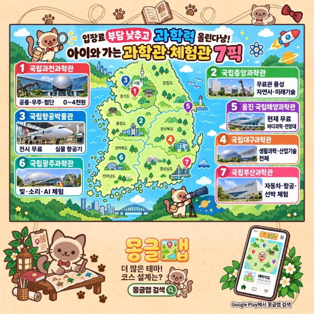 입장료 부담 낮추고 과학력 올린다냥! 아이와 가는 과학관·체험관 7픽 인포그래픽