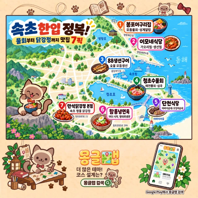 속초 한입 정복! 물회부터 닭강정까지 맛집 7픽 인포그래픽