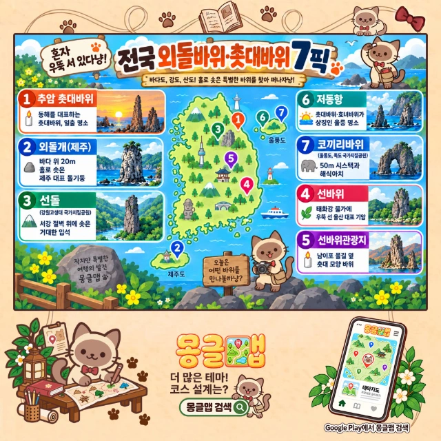 혼자 우뚝 서 있다냥! 전국 외돌바위·촛대바위 7픽 인포그래픽