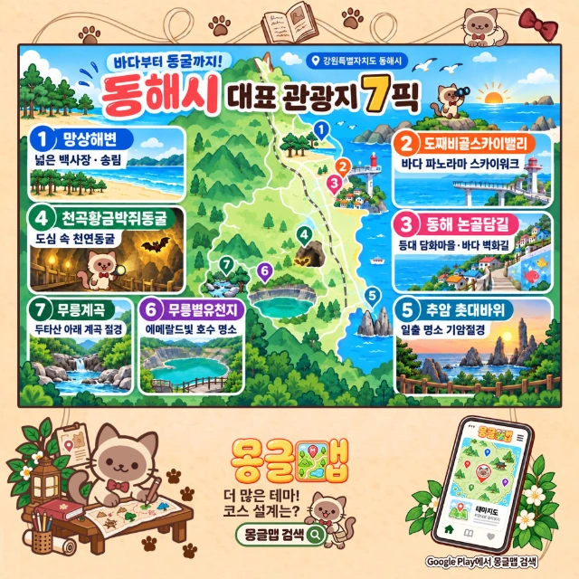 바다부터 동굴까지! 동해시 대표 관광지 7픽 인포그래픽