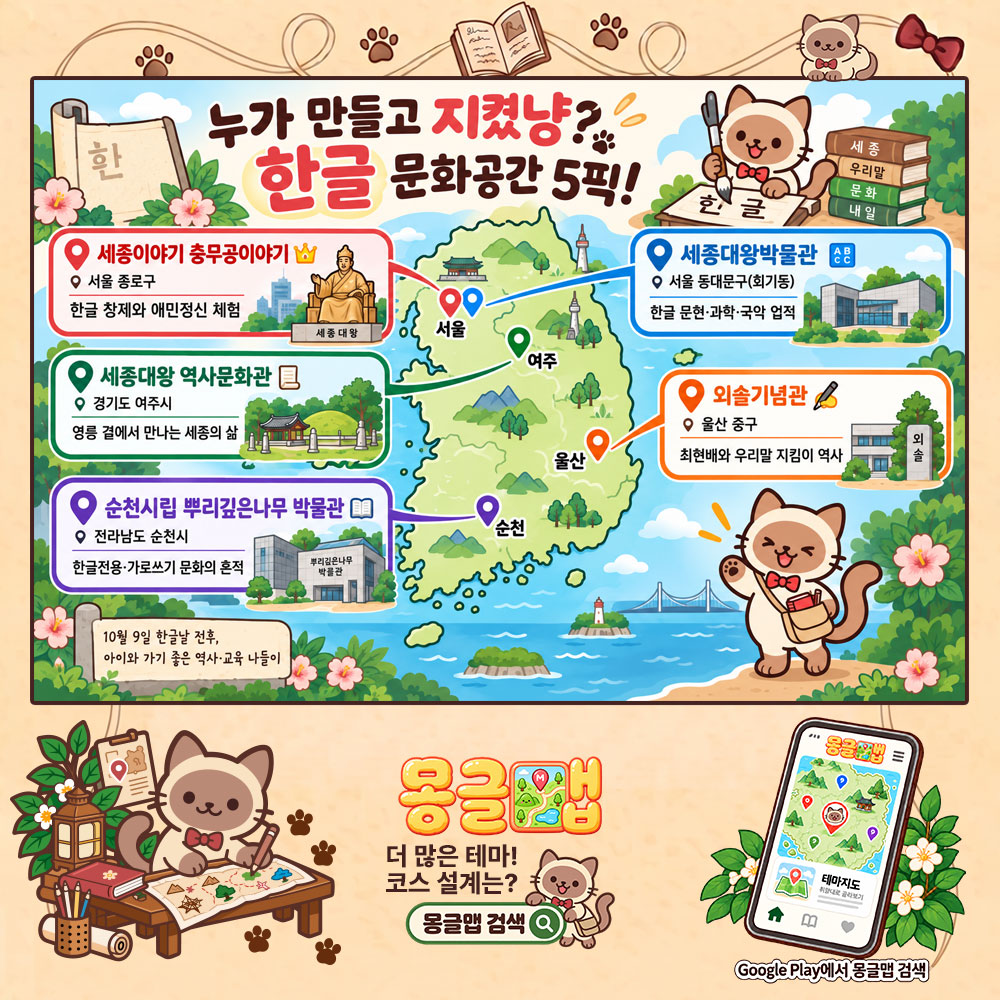 한글은 누가 만들고 지켰냥? 한글 문화공간 5픽! 테마지도