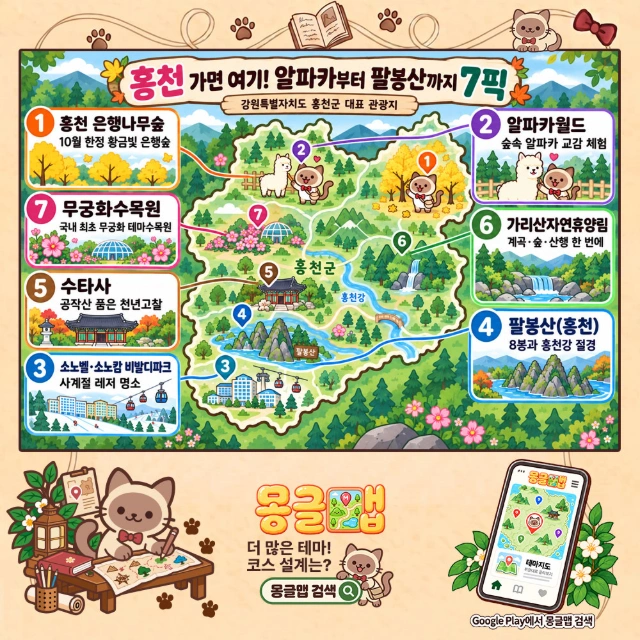 홍천 가면 여기! 알파카부터 팔봉산까지 7픽 인포그래픽
