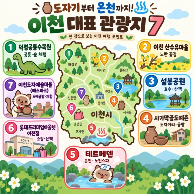 도자기부터 온천까지! 이천 대표 관광지 7 인포그래픽