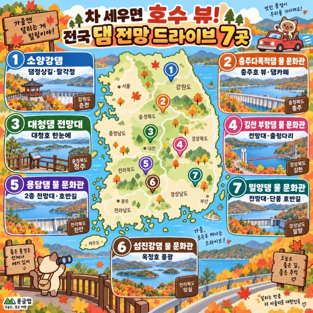 차 세우면 호수 뷰! 전국 댐 전망 드라이브 7곳 인포그래픽