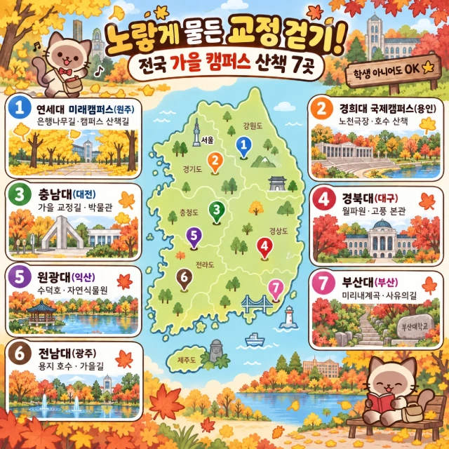 노랗게 물든 교정 걷기! 전국 가을 캠퍼스 산책 7곳 인포그래픽