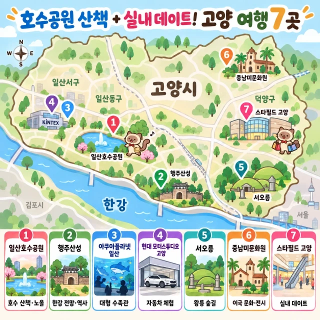 호수공원 산책 + 실내 데이트! 고양 여행 7곳 인포그래픽