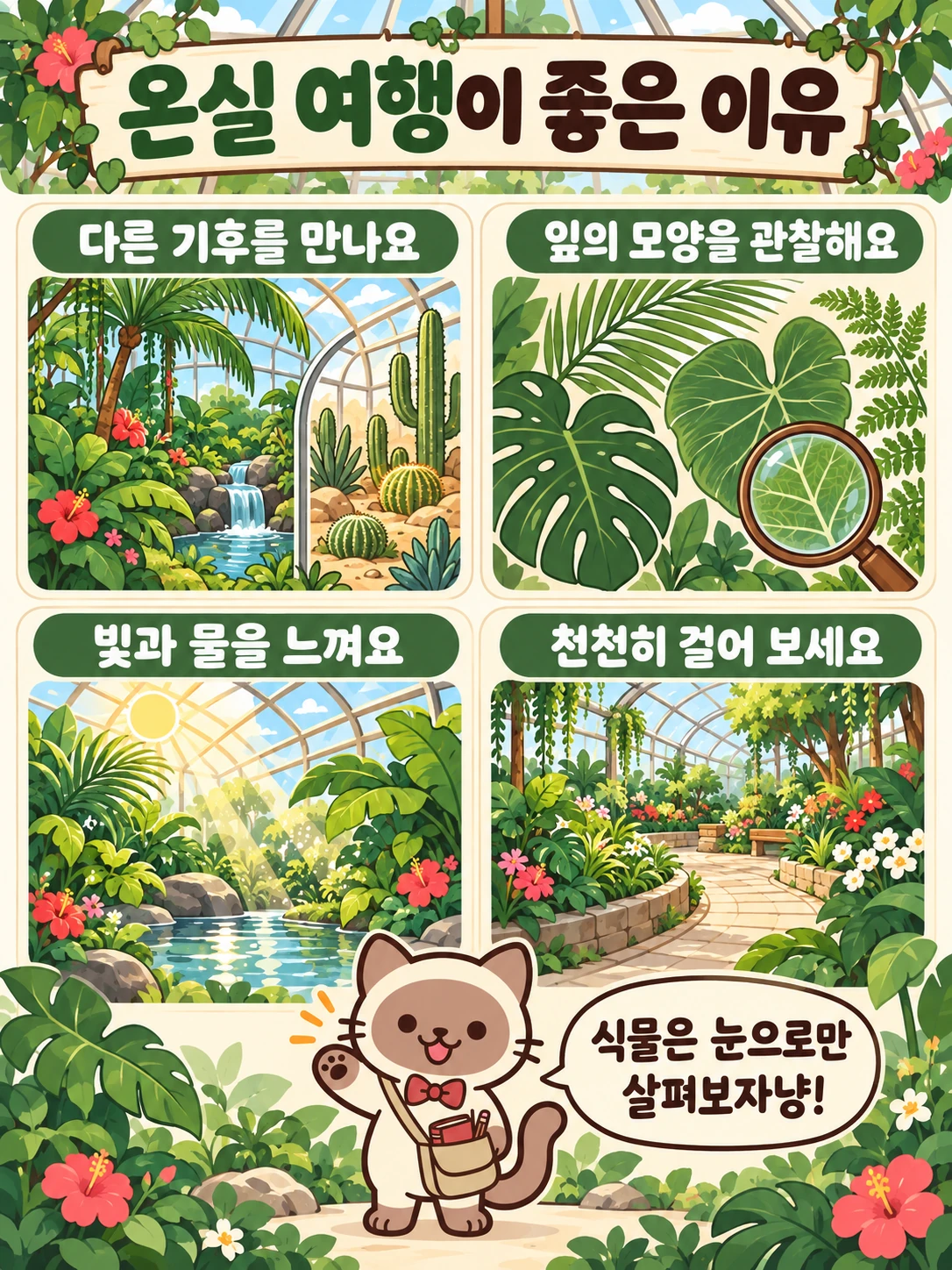 다른 기후 만나기, 잎의 모양 관찰하기, 빛과 물 느끼기, 천천히 걷기 등 온실 여행의 네 가지 즐거움과 관람 예절을 샤미와 함께 정리한 요약 인포그래픽.