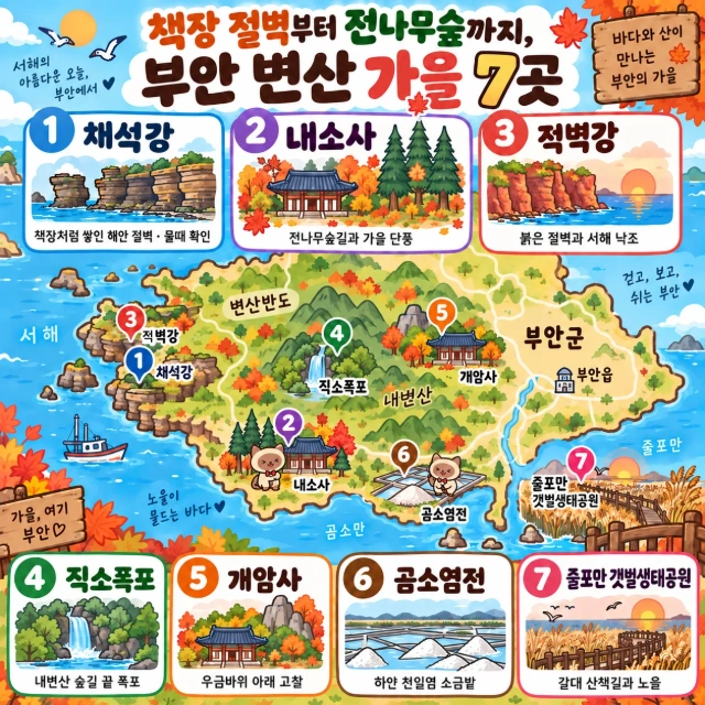 책장 절벽부터 전나무숲까지, 부안 변산 가을 7곳 인포그래픽