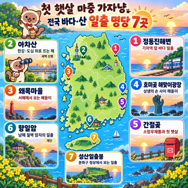 첫 햇살 마중 가자냥, 전국 바다·산 일출 명당 7곳 인포그래픽