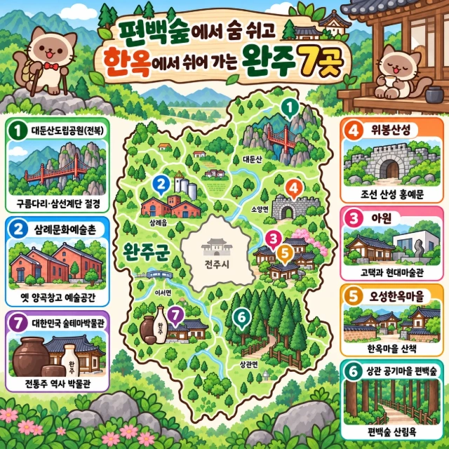 편백숲에서 숨 쉬고 한옥에서 쉬어 가는 완주 7곳 인포그래픽