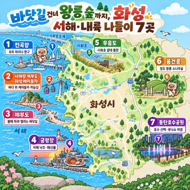 바닷길 건너 왕릉 숲까지, 화성 서해·내륙 나들이 7곳 인포그래픽