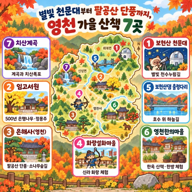 별빛 천문대부터 팔공산 단풍까지, 영천 가을 산책 7곳 인포그래픽