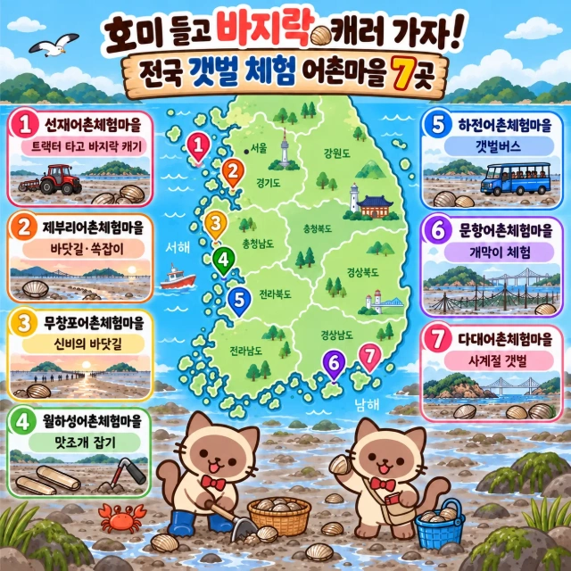 호미 들고 바지락 캐러 가자! 전국 갯벌 체험 어촌마을 7곳 인포그래픽
