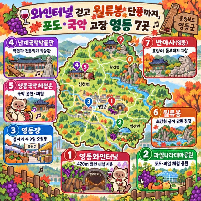 와인터널 걷고 월류봉 단풍까지, 포도·국악 고장 영동 7곳 인포그래픽