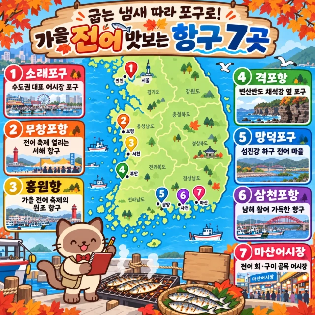 굽는 냄새 따라 포구로! 가을 전어 맛보는 항구 7곳 인포그래픽