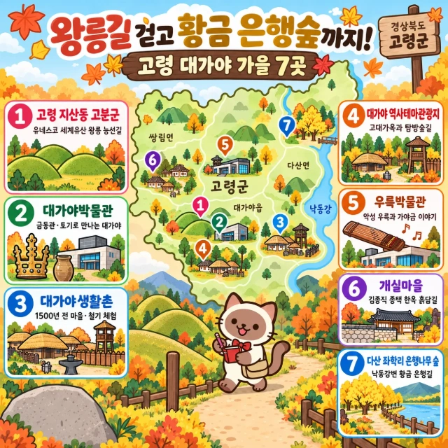 왕릉길 걷고 황금 은행숲까지! 고령 대가야 가을 7곳 인포그래픽