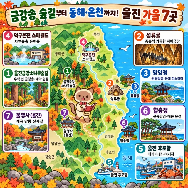 금강송 숲길부터 동해·온천까지! 울진 가을 7곳 인포그래픽