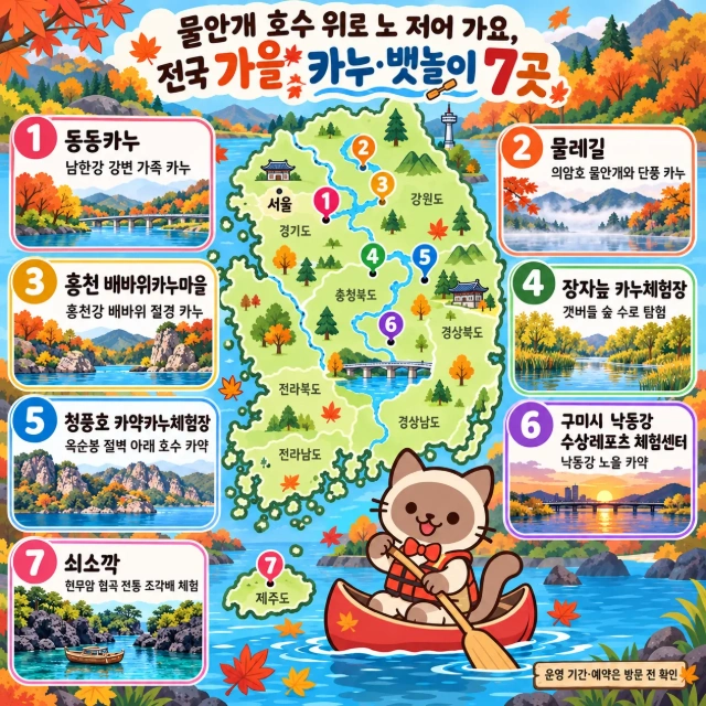 물안개 호수 위로 노 저어 가요, 전국 가을 카누·뱃놀이 7곳 인포그래픽