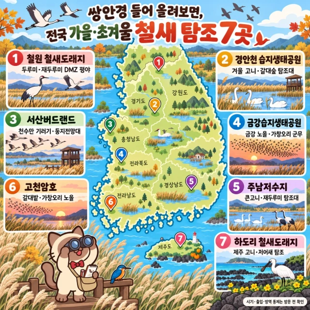 쌍안경 들어 올려보면, 전국 가을·초겨울 철새 탐조 7곳 인포그래픽