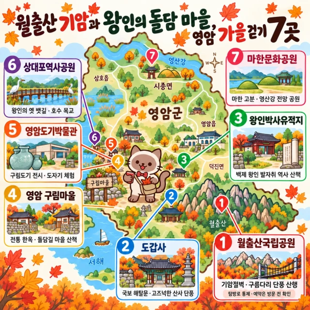 월출산 기암과 왕인의 돌담 마을, 영암 가을 걷기 7곳 인포그래픽