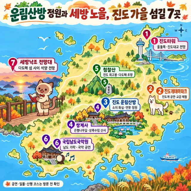 운림산방 정원과 세방 노을, 진도 가을 섬길 7곳 인포그래픽