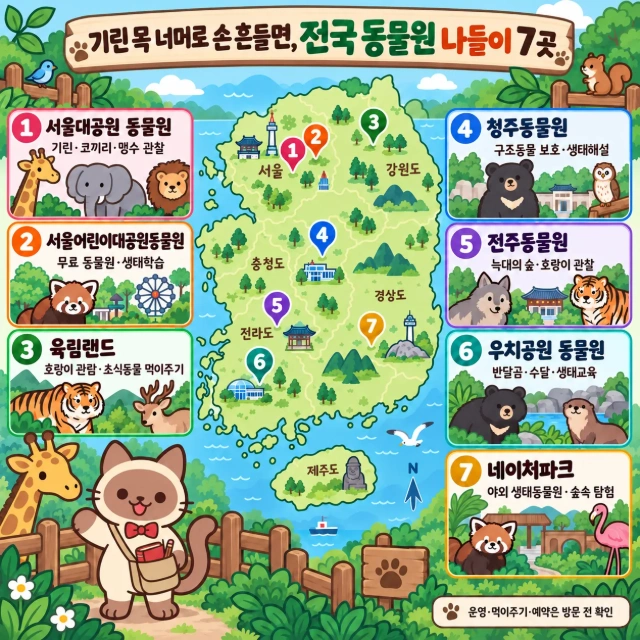 기린 목 너머로 손 흔들면, 전국 동물원 나들이 7곳 인포그래픽