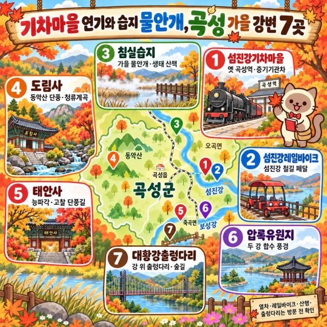 기차마을 연기와 습지 물안개, 곡성 가을 강변 7곳 인포그래픽