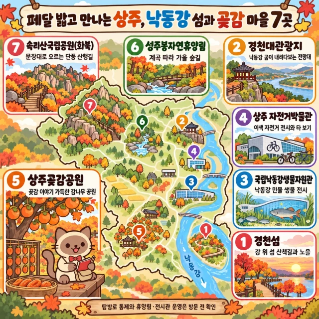 페달 밟고 만나는 상주, 낙동강 섬과 곶감 마을 7곳 인포그래픽
