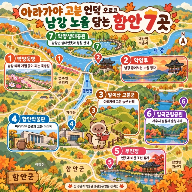 아라가야 고분 언덕 오르고 남강 노을 담는 함안 7곳 인포그래픽