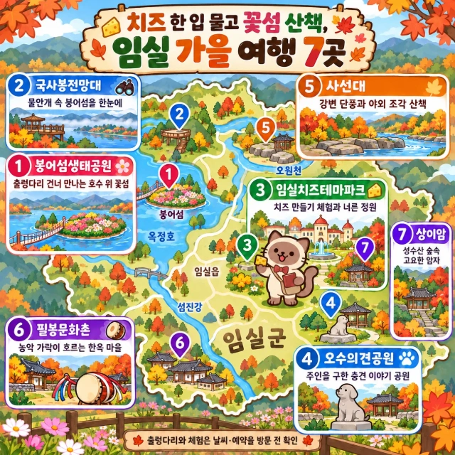 치즈 한 입 물고 꽃섬 산책, 임실 가을 여행 7곳 인포그래픽