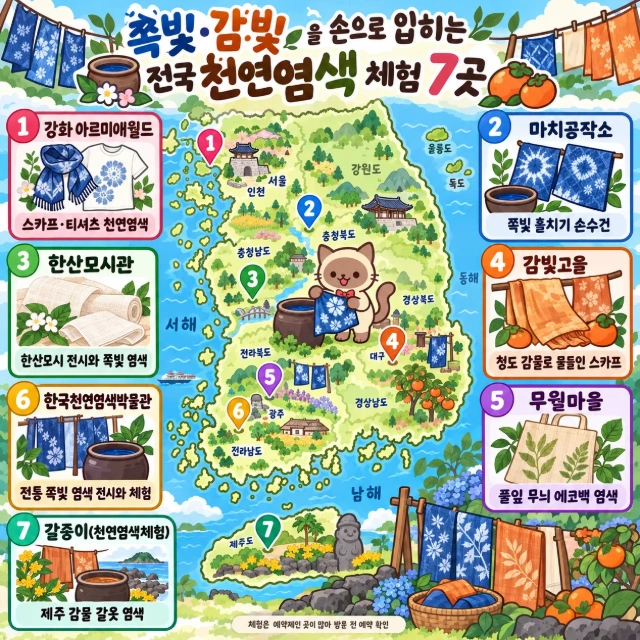 쪽빛·감빛을 손으로 입히는 전국 천연염색 체험 7곳 인포그래픽