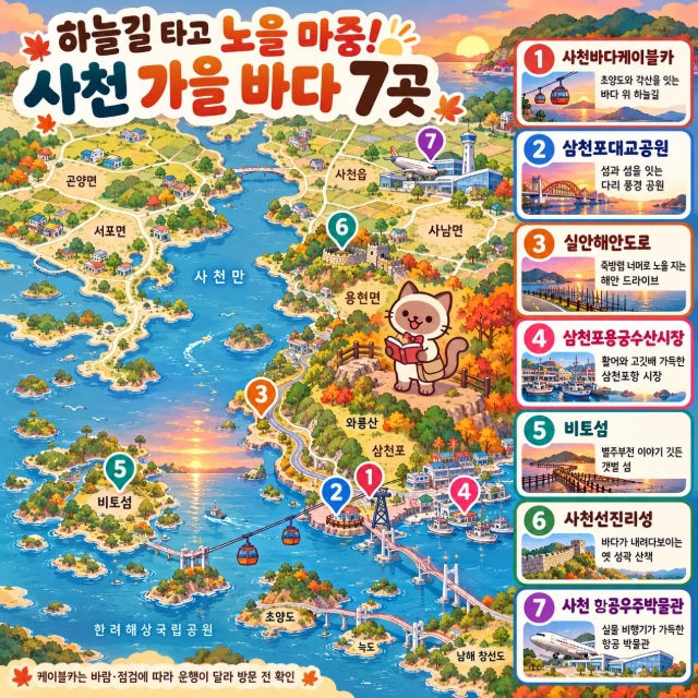 하늘길 타고 노을 마중! 사천 가을 바다 7곳 인포그래픽