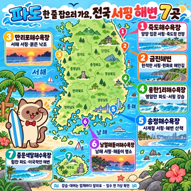 파도 한 줄 잡으러 가요, 전국 서핑 해변 7곳 인포그래픽