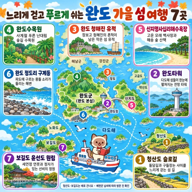 느리게 걷고 푸르게 쉬는 완도 가을 섬 여행 7곳 인포그래픽