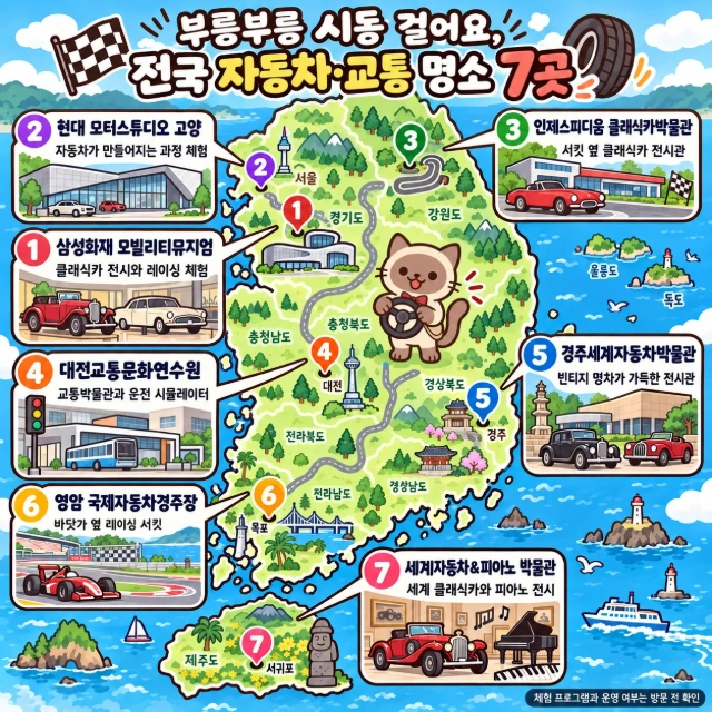 부릉부릉 시동 걸어요, 전국 자동차·교통 명소 7곳 인포그래픽