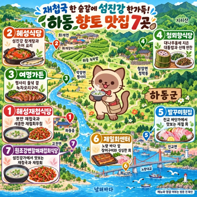 재첩국 한 숟갈에 섬진강 한가득! 하동 향토 맛집 7곳 인포그래픽