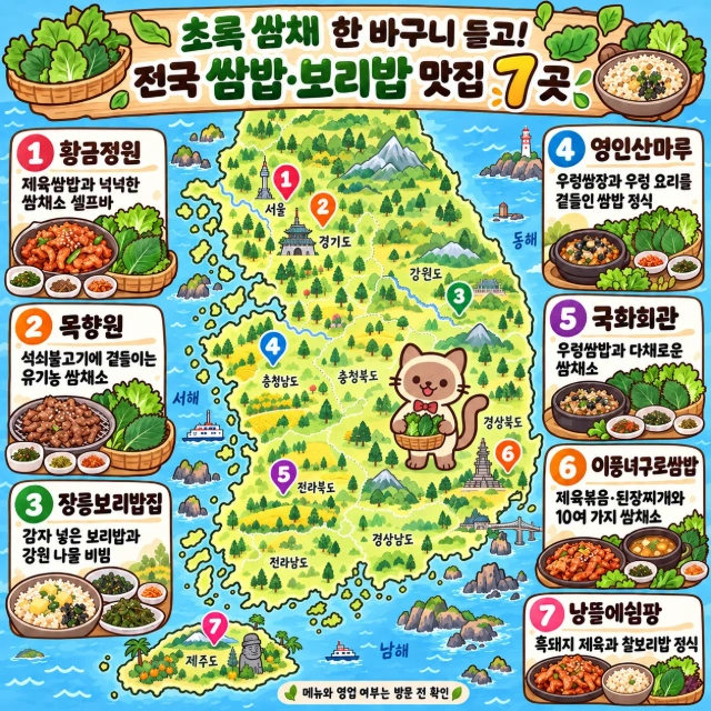 초록 쌈채 한 바구니 들고! 전국 쌈밥·보리밥 맛집 7곳 인포그래픽