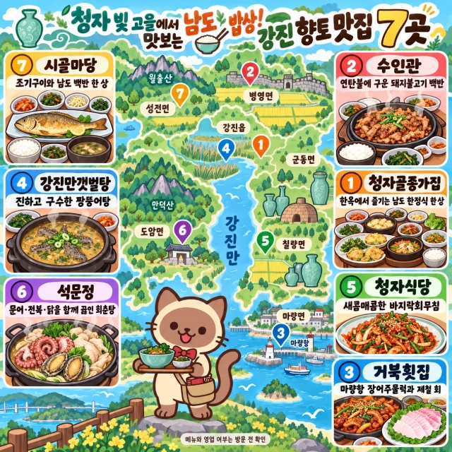 청자 빛 고을에서 맛보는 남도 밥상! 강진 향토 맛집 7곳 인포그래픽